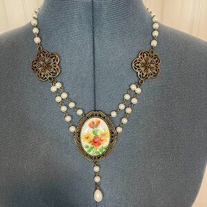 Handcrafted Vintage Floral Glass Cabochon Necklace -19" Long (Upper Necklace)
